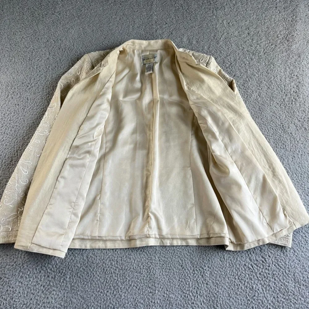 NEW Victor Costa Jacket Womens Medium Beige Blazer Linen Embroidered Floral Open